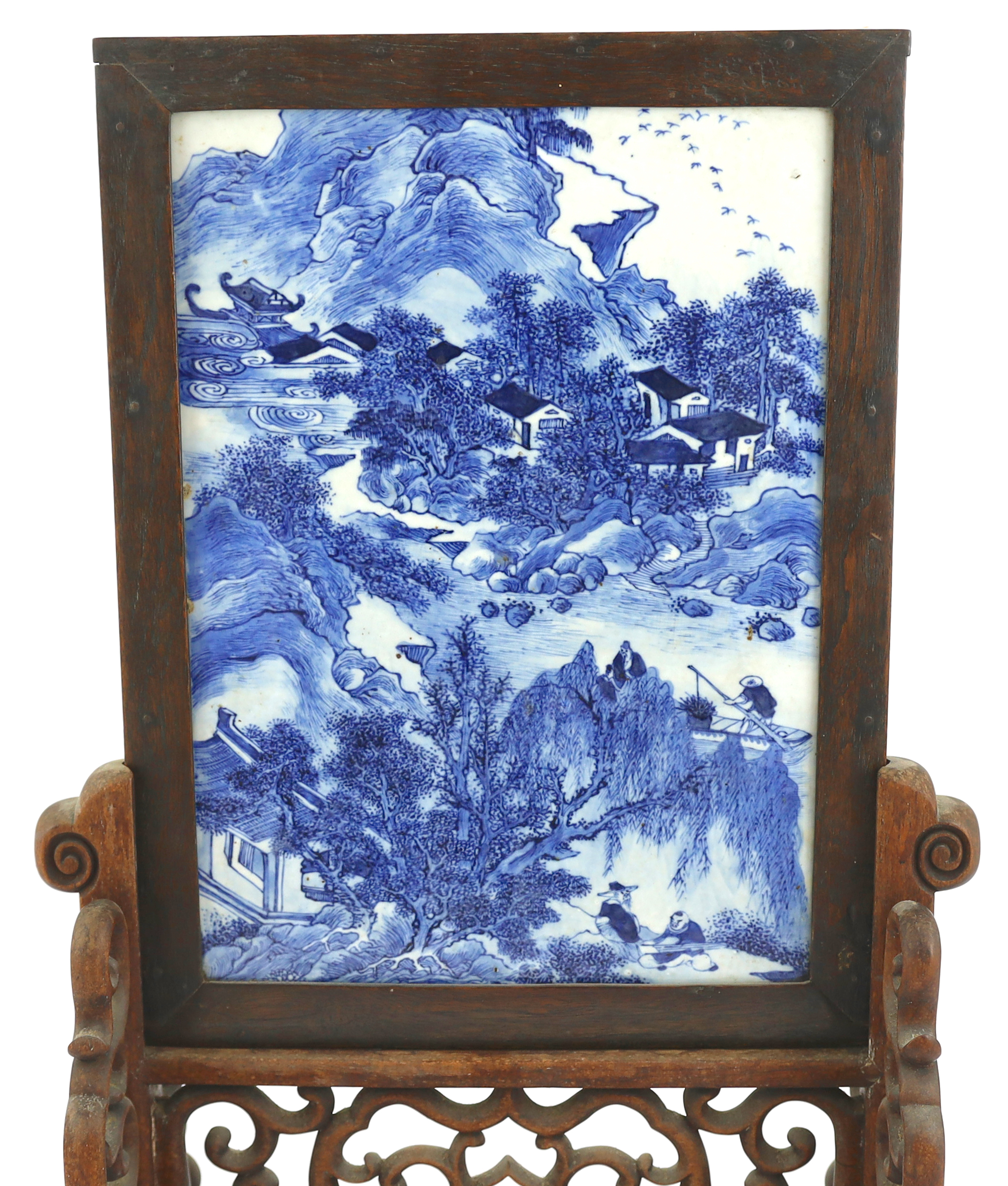 A Chinese blue and white ‘landscape’ table screen, late 19th century